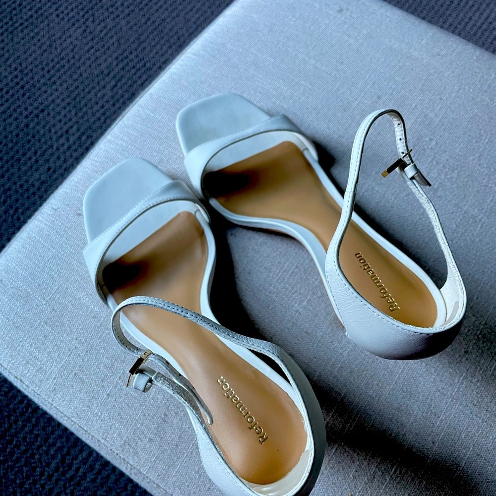 Reformation Greta Bare Sandal in white. Tried on, never worn.